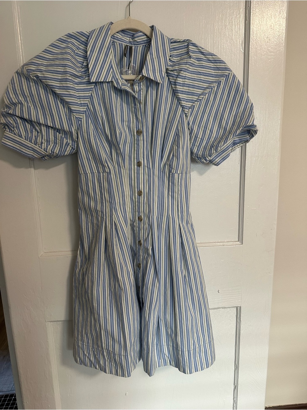 By Anthropologie Puff-Sleeve Mini Shirt Dress Blue and White Stripe Size XS - Picture 5 of 9